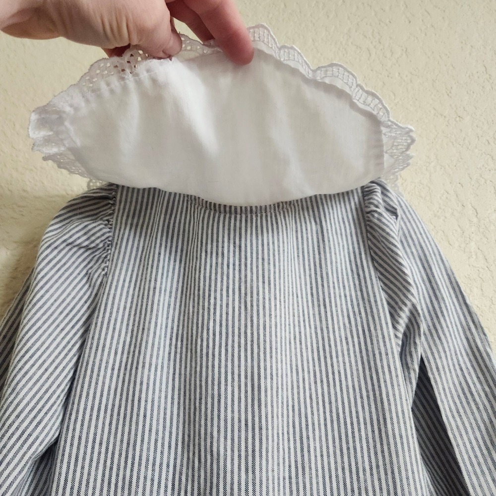 VTG Mousefeathers Size 6 Grey White Striped Lace Collar Puff Sleeve Ruffle Dress - Picture 14 of 16
